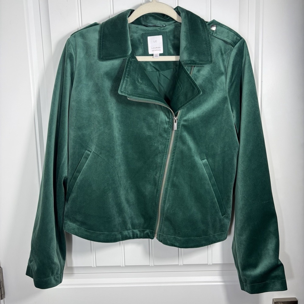 LC Lauren Conrad‎ Green Velvet Moto Jacket Women's Size Lg Asymmetrical Zip
